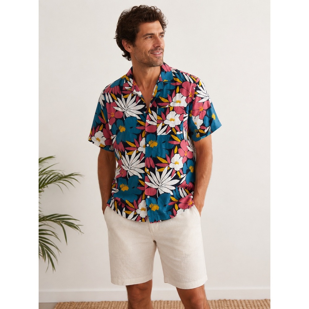 Gap Mens XXL Linen Blend Tropical Floral Button Down Shirt Boho Summer Camp D2